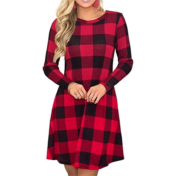 Dresses & Skirts - Women's Buffalo Plaid Midi Swing Dress Cotton Polyester Small